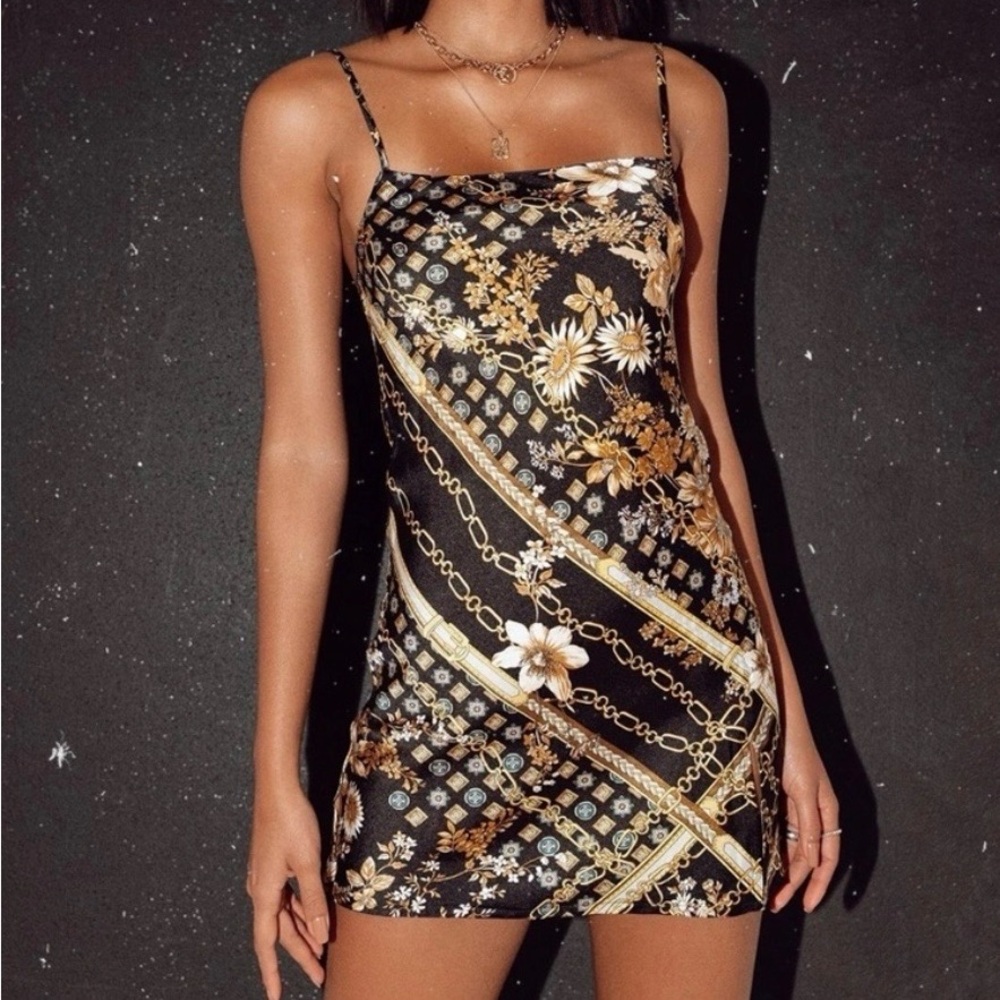 Princess Polly Black & Gold Floral Slip Dress with Chain Print